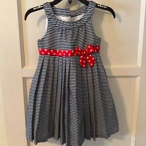 Bonnie Jean Navy & White Striped Dress with Red Polka Dot Bow